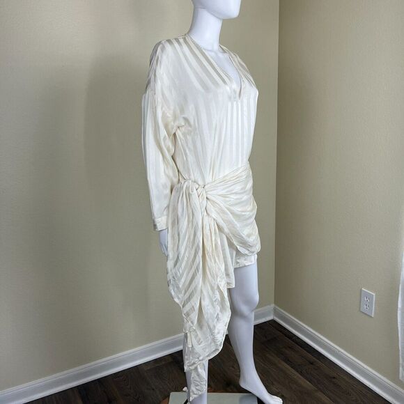 Michelle Mason Womens Size 4 Ivory Crepe Silk Satin Stripe Mini Wrap Shirt Dress - Picture 8 of 15
